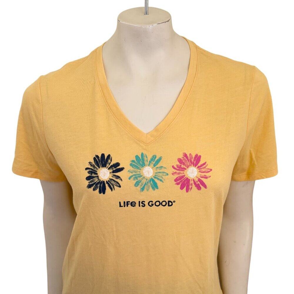 NEW LIFE IS GOOD Flower Print Short Sleeve V-neck T-shirt in Yellow  SZ M